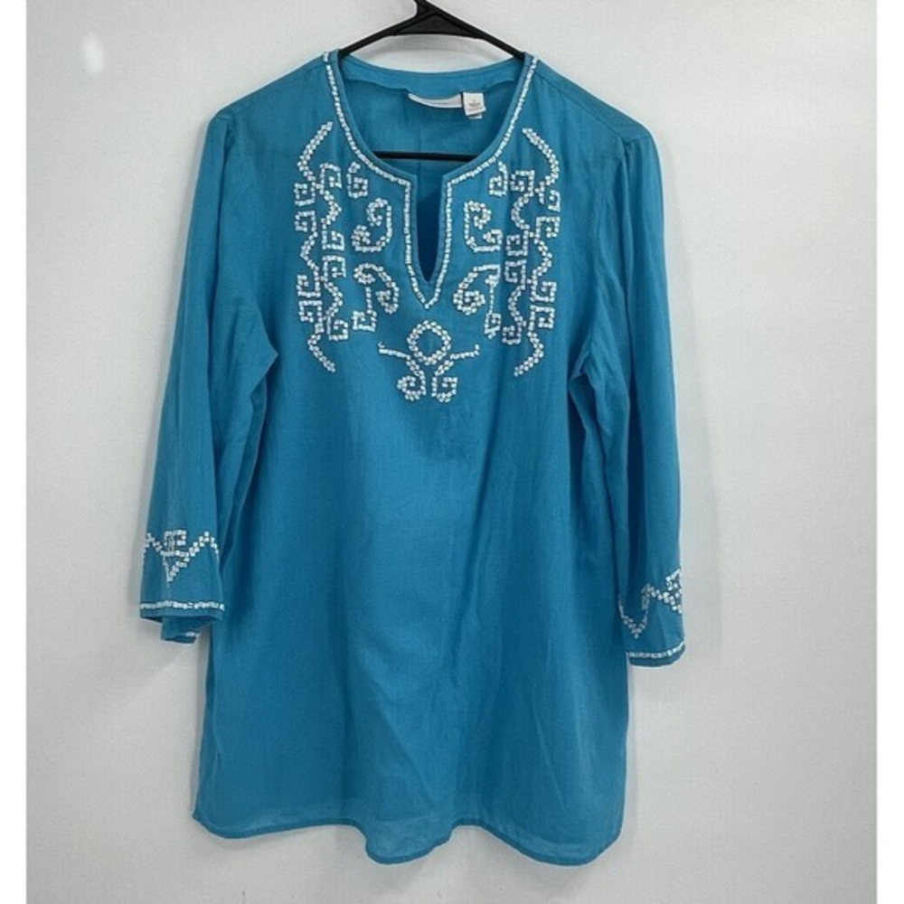 Chicos Turquoise Blue Embroidered Tunic Top Shirt Women Size 1 Linen CottonBlend